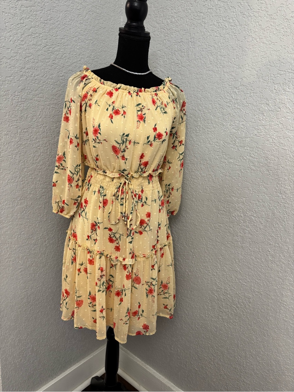 Ryan Michelle Floral Elastic Tie-Waist Yellow Women's Dress